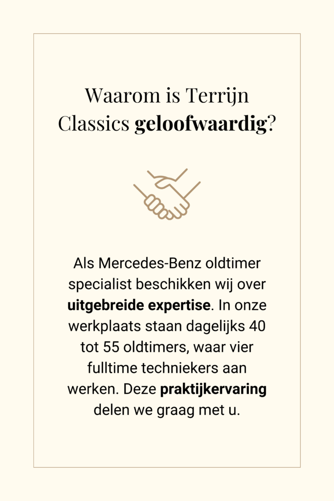 Mercedes-Benz oldtimer specialist met een team van ervaren techniekers. Wij delen graag onze uitgebreide kennis en praktijkervaring met u.