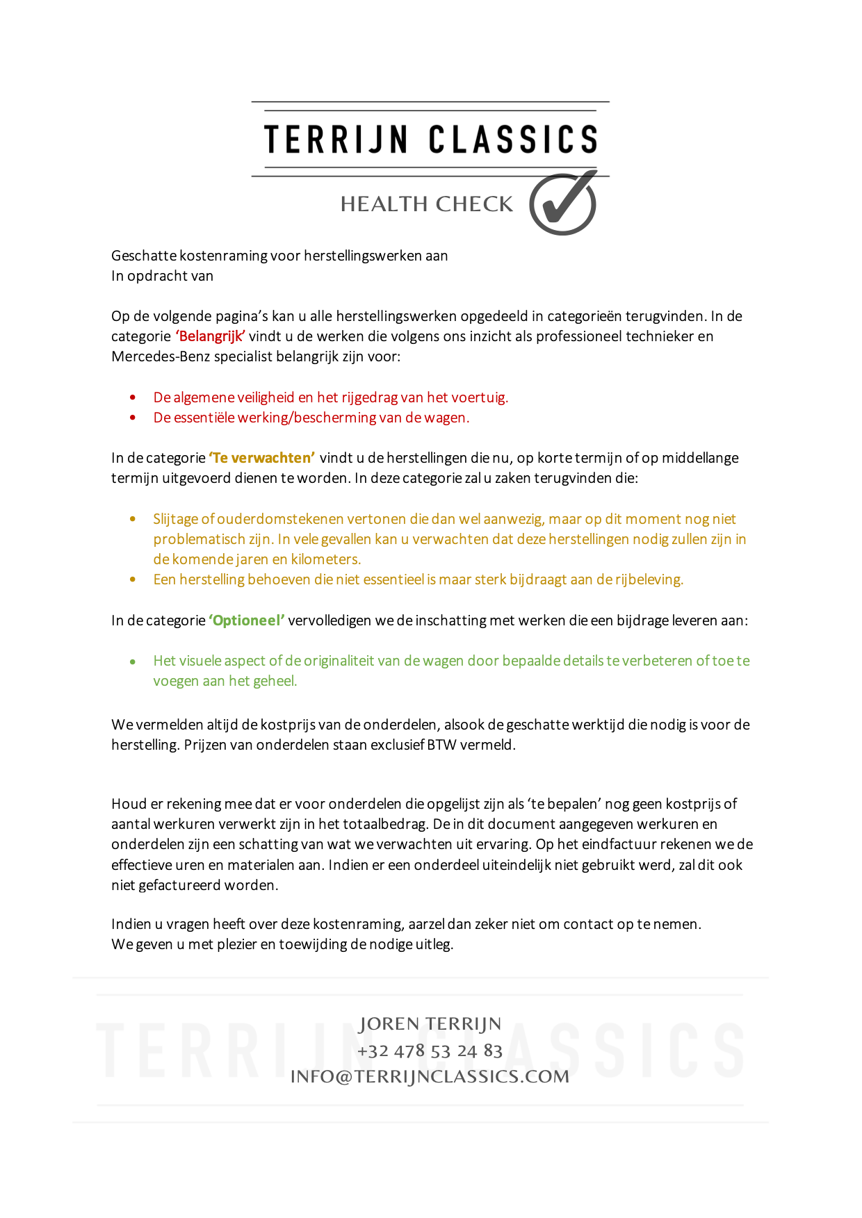 Health Check Kostenraming